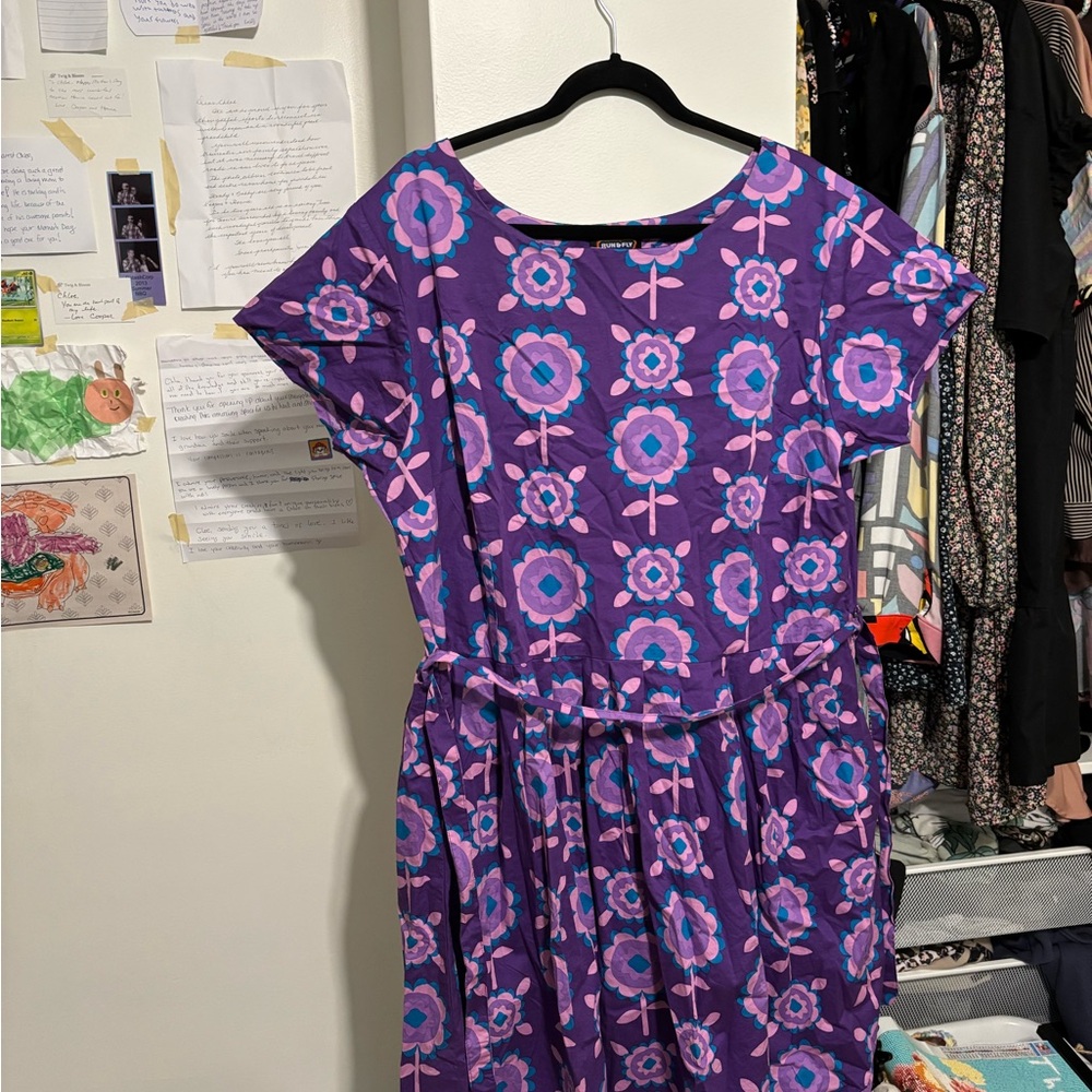 Retro Flowers  Belted Tea Dress in Purple